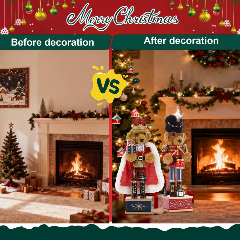 BXO Store 2 Pcs Wooden Christmas Decorations Nutcracker, 28CM/11 inch Traditional Nutcracker Figures,Festive Collectible Christmas Nutcracker Figures Party Tabletop Thanksgiving Decor (Bear Drummer & Bear King) - Image 4